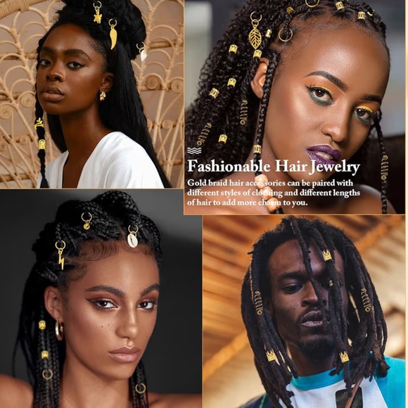 285-Piece Gold Hair Jewelry Set | Braid Cuffs, Charms, Rings, Coils & Shells | L - Picture 2 of 3